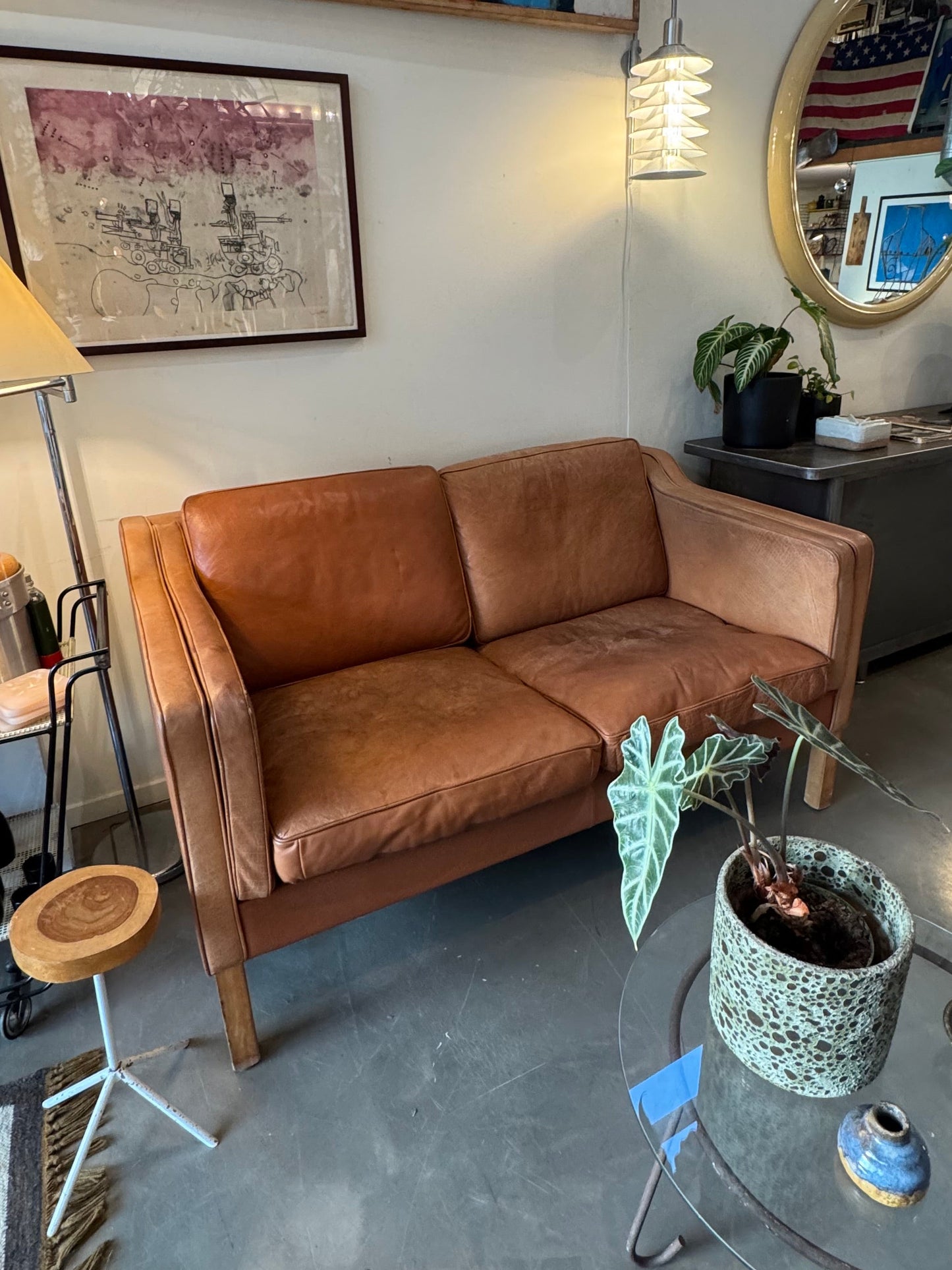 Børge Mogensen Tan & Oak Leather Love Seat, Model 2322